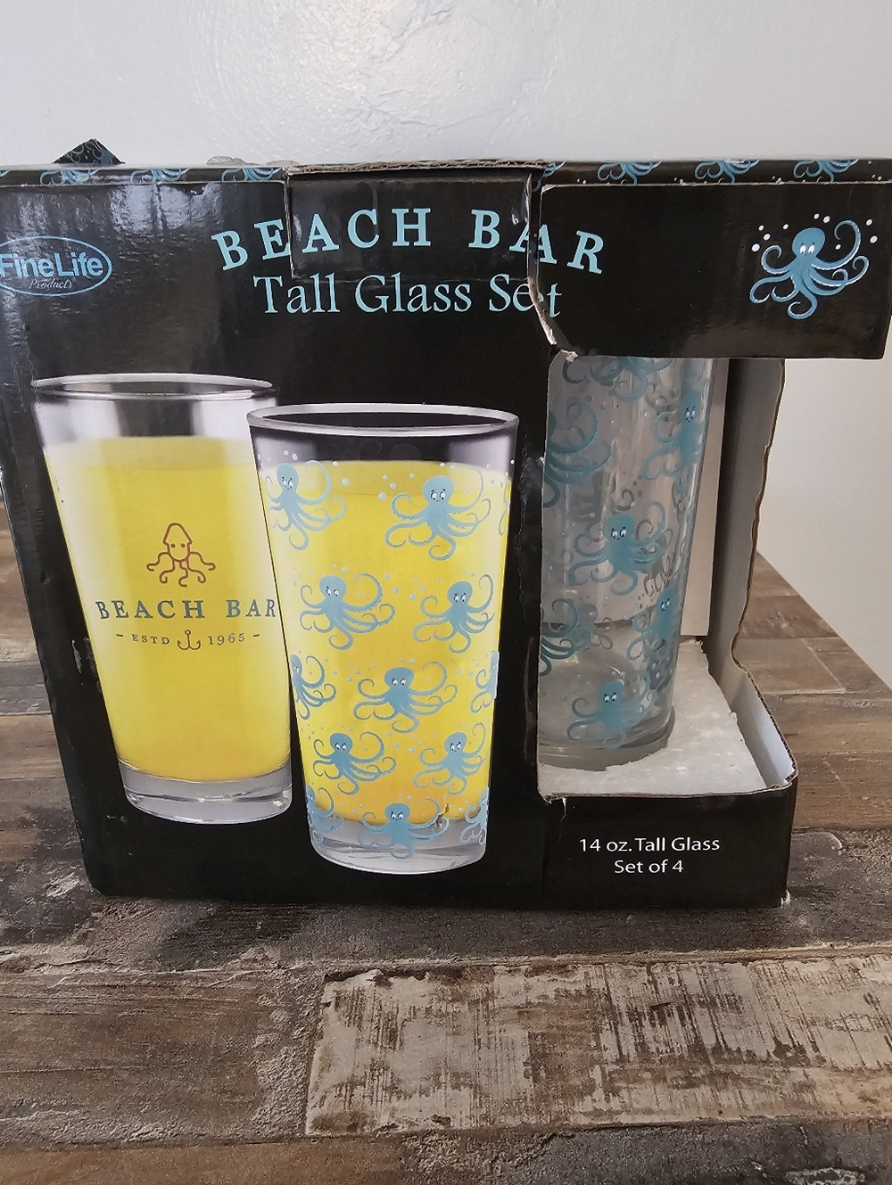 Beach Bar Tall Glass Set - Blue Octopus Print New!